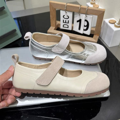 Mary Toe Leather Adhesive Jane Shoes Round Faux Strap