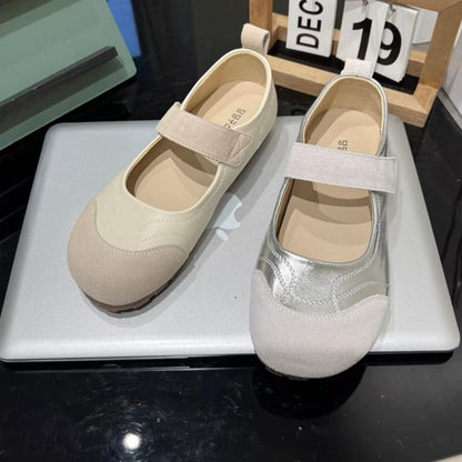 Mary Toe Leather Adhesive Jane Shoes Round Faux Strap