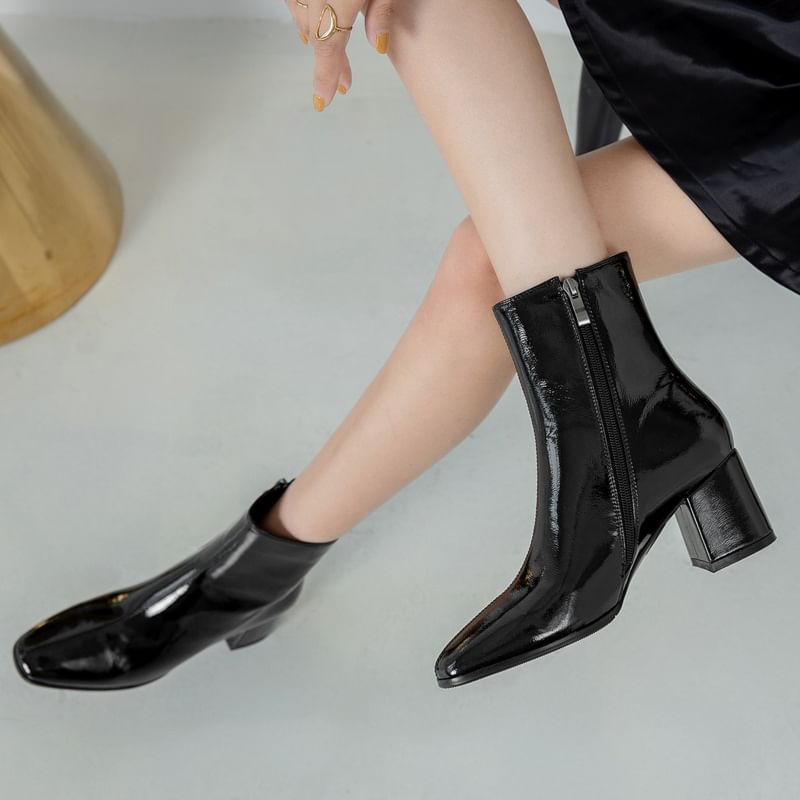 Plain Leather Chunky Zip-Up Heel Patent Boots Short