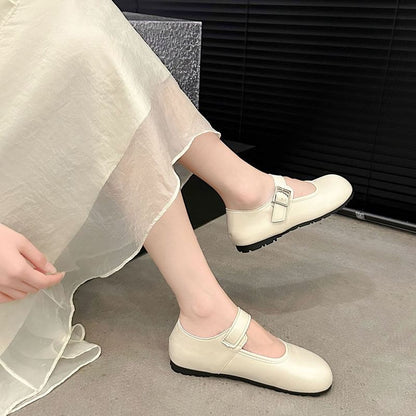 Plain Leather Toe Faux Flats Mary Jane Round Buckled