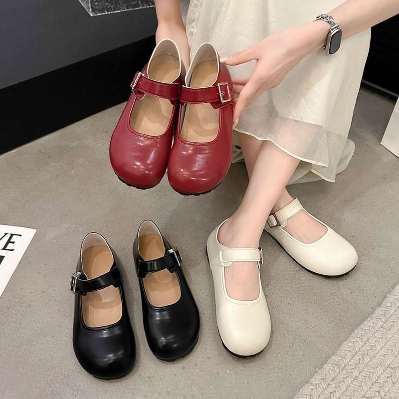 Plain Leather Toe Faux Flats Mary Jane Round Buckled
