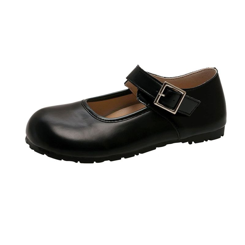 Plain Leather Toe Faux Flats Mary Jane Round Buckled