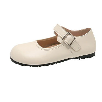 Plain Leather Toe Faux Flats Mary Jane Round Buckled