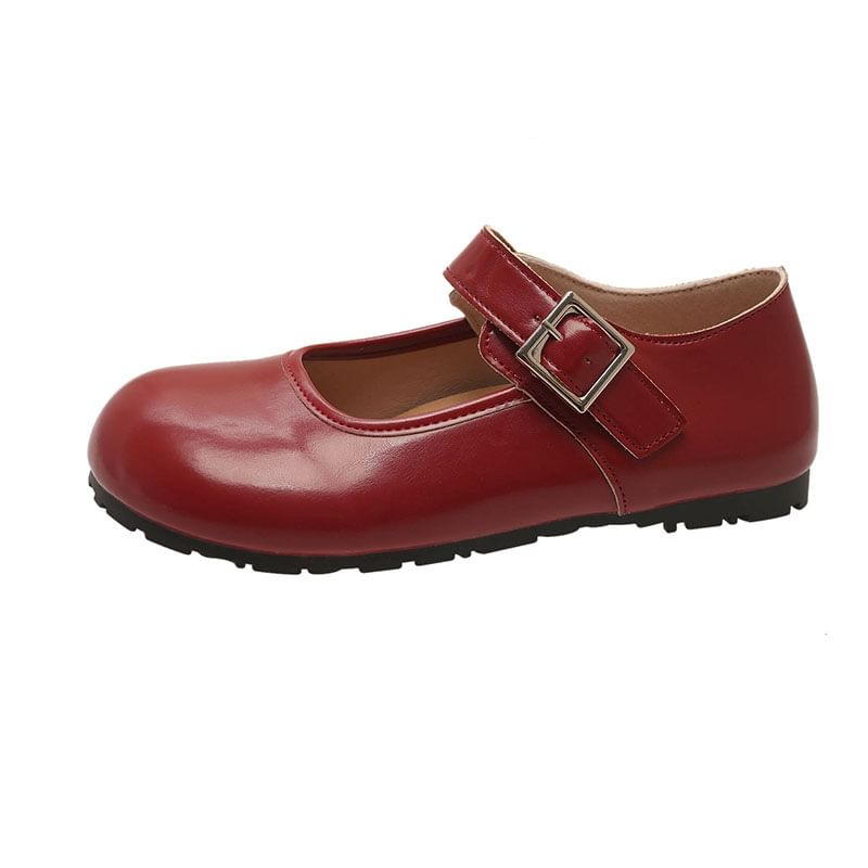 Plain Leather Toe Faux Flats Mary Jane Round Buckled