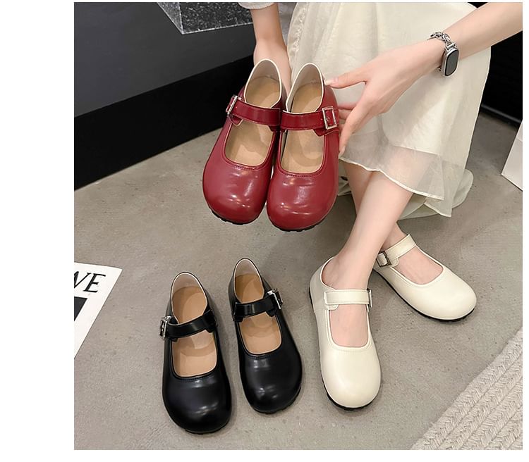 Plain Leather Toe Faux Flats Mary Jane Round Buckled