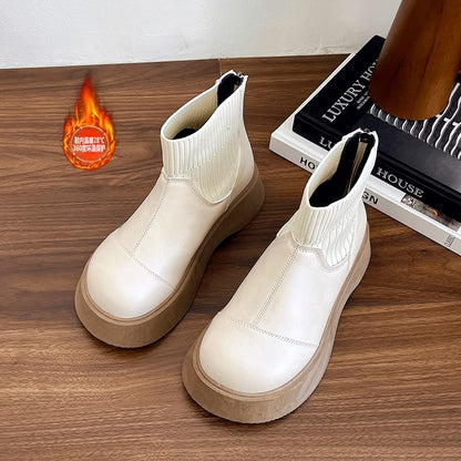 Leather Boots Platform Faux Sock Plain Short