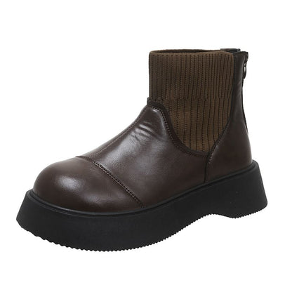 Leather Boots Platform Faux Sock Plain Short