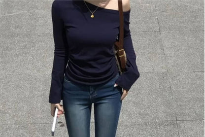 Long Sleeve One Shoulder Plain Top