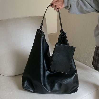 Leather With Faux Pouch Plain Tote Bag