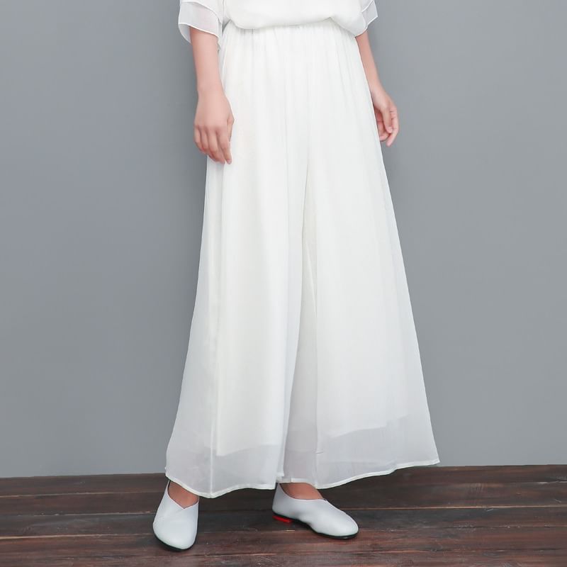 Traditional Chinese Long-Sleeve Print Maxi A-Line Dress / Wide Leg Pants