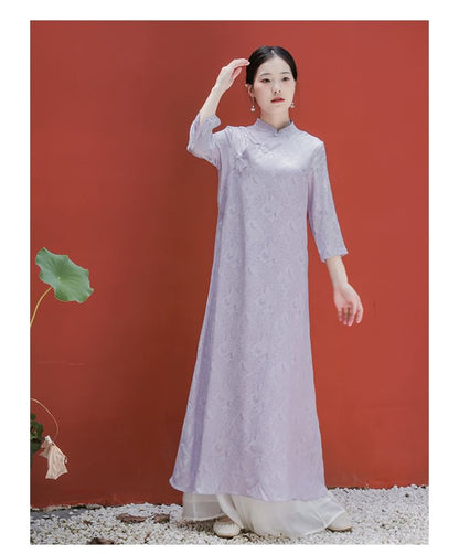 Traditional Chinese Long-Sleeve Print Maxi A-Line Dress / Wide Leg Pants