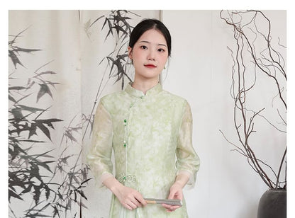 Traditional Chinese Long-Sleeve Print Maxi A-Line Dress / Pants