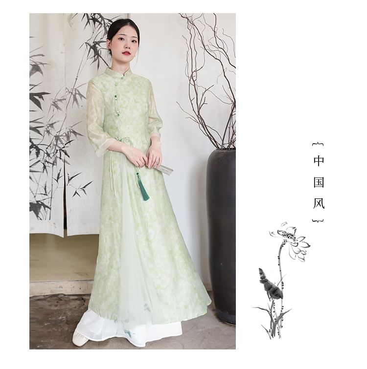 Traditional Chinese Long-Sleeve Print Maxi A-Line Dress / Pants