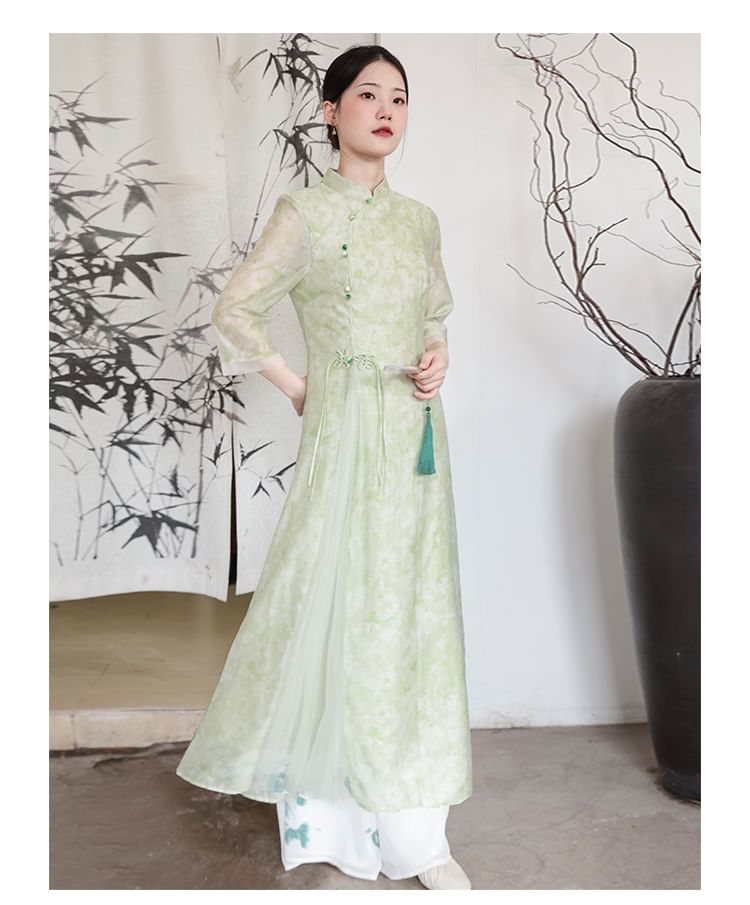 Traditional Chinese Long-Sleeve Print Maxi A-Line Dress / Pants