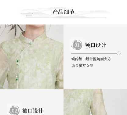 Traditional Chinese Long-Sleeve Print Maxi A-Line Dress / Pants