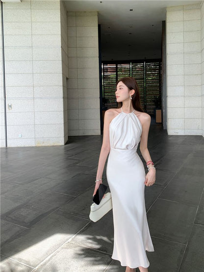 Halter Neck Plain Ruched Slit Satin Midi Mermaid Wedding Dress