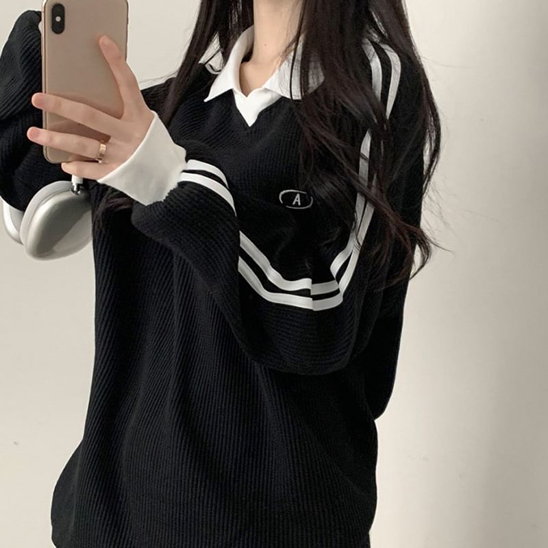 Long Contrast-Trim Sleeve Waffle Loose-Fit Pattern Embroidered