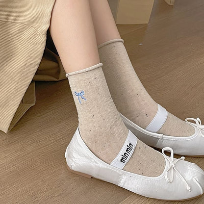 Bow Embroidered Ribbed Socks