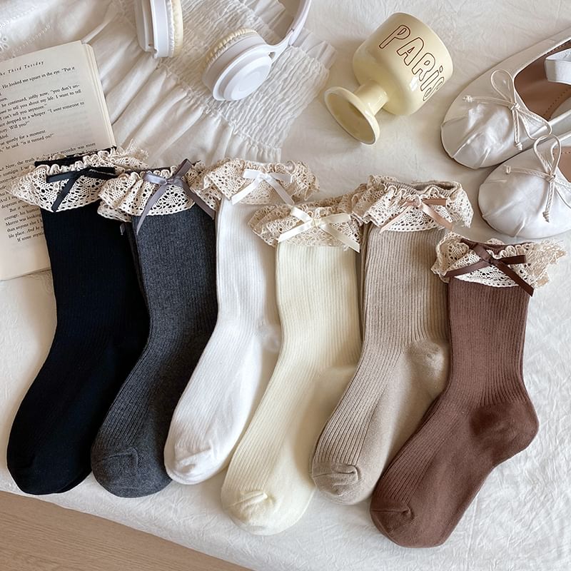 Bow Lace Trim Ribbed Socks / Set