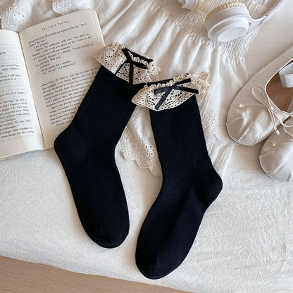 Bow Lace Trim Ribbed Socks / Set