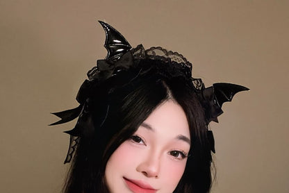 Set:  Halloween Devil Wings Bow Hair Clip + Lace Headband