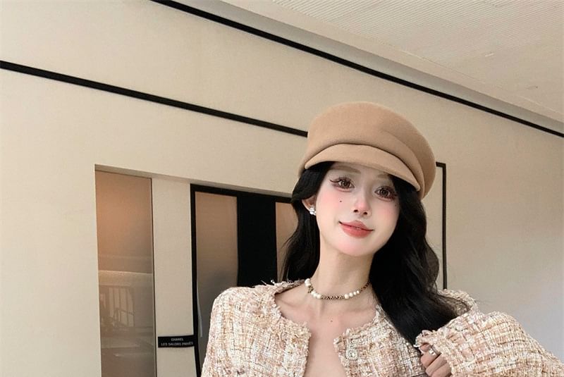 Button Neck Cropped Round Tweed Jacket