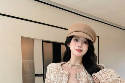 Button Neck Cropped Round Tweed Jacket