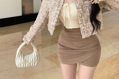 Button Neck Cropped Round Tweed Jacket