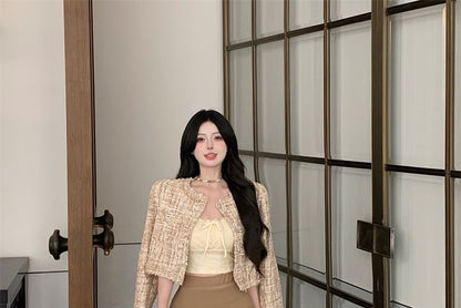 Button Neck Cropped Round Tweed Jacket