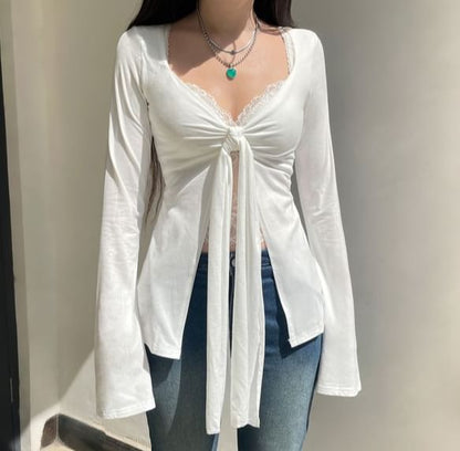 V-Neck Tie-Front Long Crop Top Sleeve Plain
