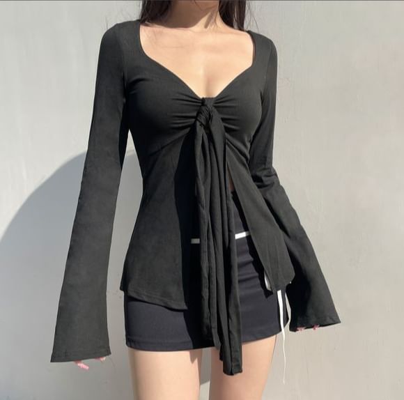 V-Neck Tie-Front Long Crop Top Sleeve Plain