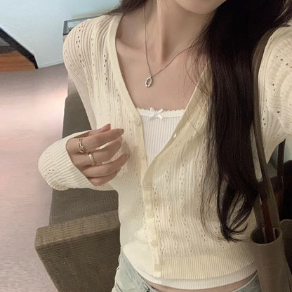 Plain Cardigan Button-Up V-Neck