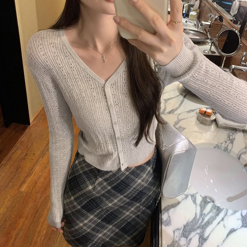 Plain Cardigan Button-Up V-Neck
