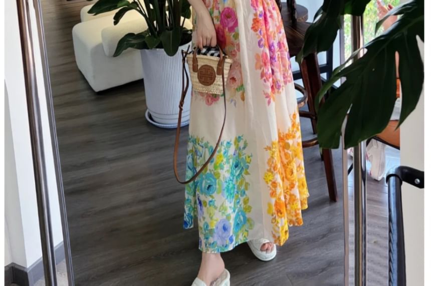 Ruffle Sleeveless V-Neck Floral Print Maxi Sun Dress