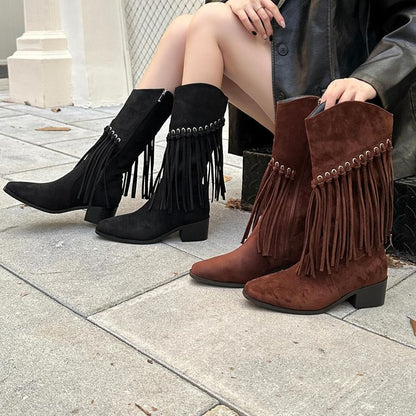 Fringe Block Heel Mid-Calf Boots