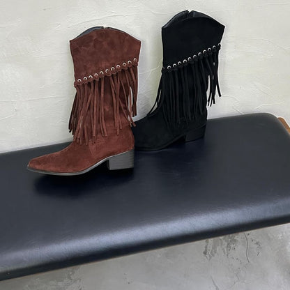 Fringe Block Heel Mid-Calf Boots