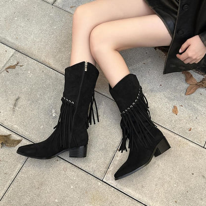 Fringe Block Heel Mid-Calf Boots