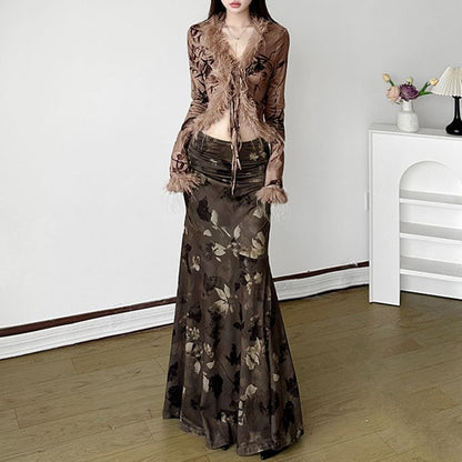 Sleeve Light Rise Skirt Graphic Low / Cardigan Maxi Furry-Trim Long Print Mermaid-Hem