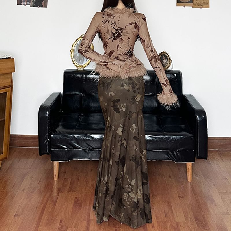 Sleeve Light Rise Skirt Graphic Low / Cardigan Maxi Furry-Trim Long Print Mermaid-Hem