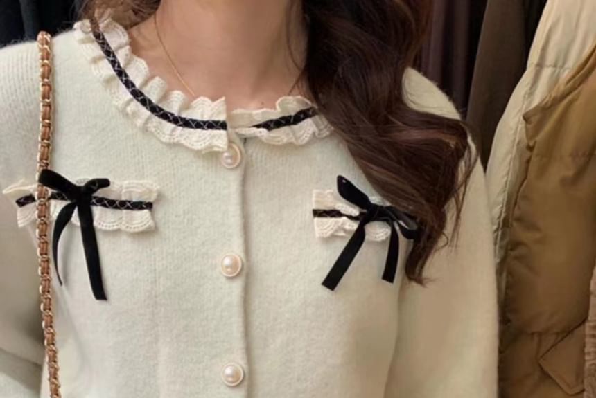 Bow-Accent Lace-Trim Crew-Neck Cardigan