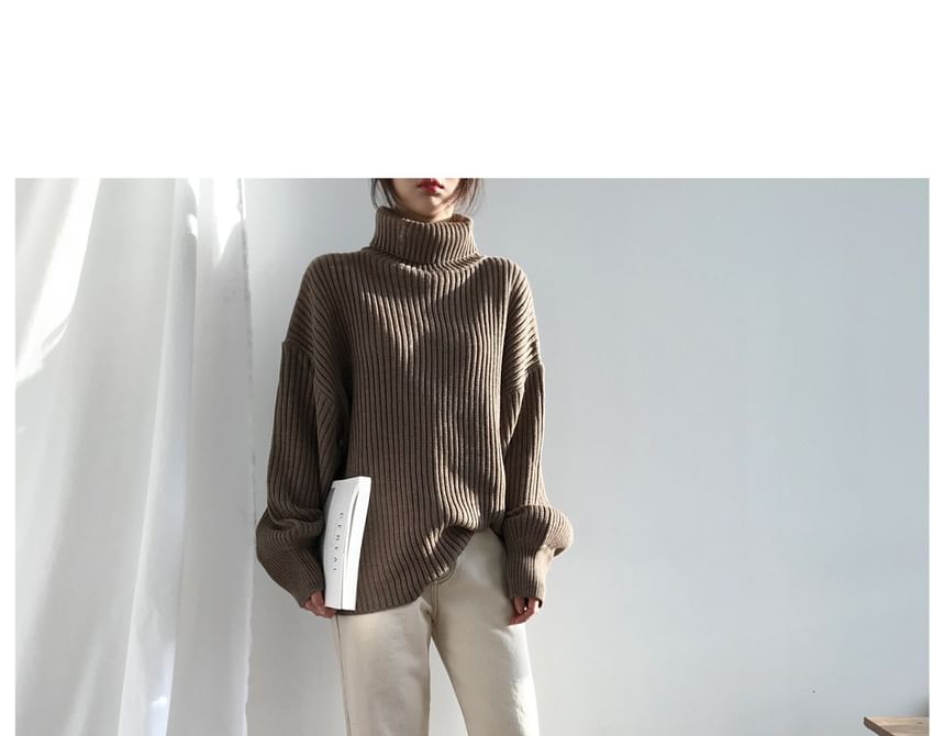 Bubble-Sleeve High-Neck Ribbed Sweater