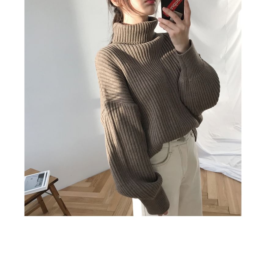 Bubble-Sleeve High-Neck Ribbed Sweater