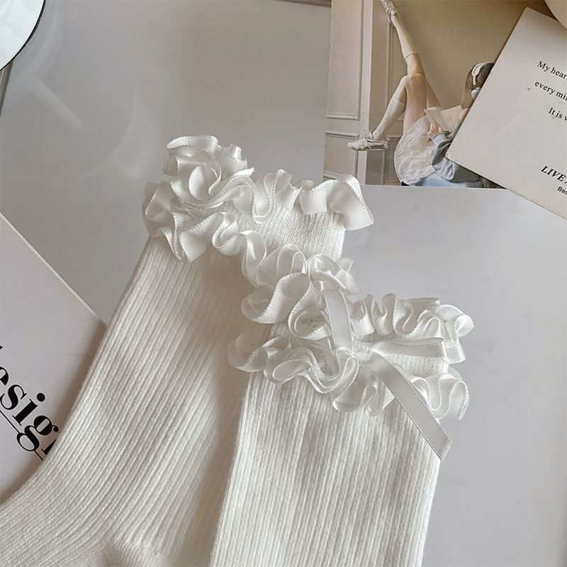 Bow Ruffle Trim Ribbed Socks