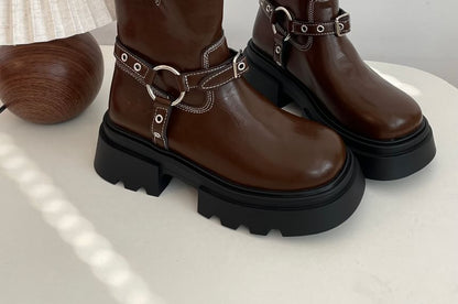 Contrast Stitching Buckled Platform Chunky Heel Short Boots