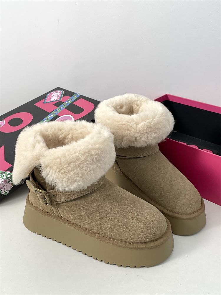 Buckled Fluffy Trim Platform Short Boots