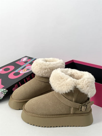 Buckled Fluffy Trim Platform Short Boots