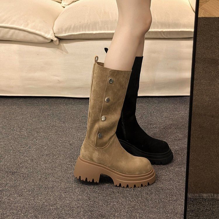 Button Suede Faux Boots Mid Calf Platform