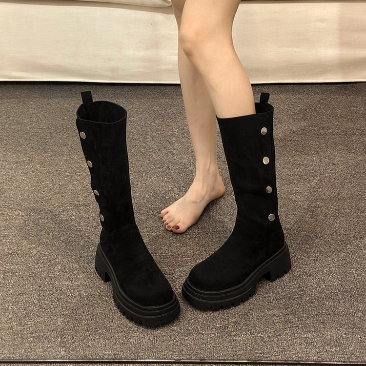 Button Suede Faux Boots Mid Calf Platform