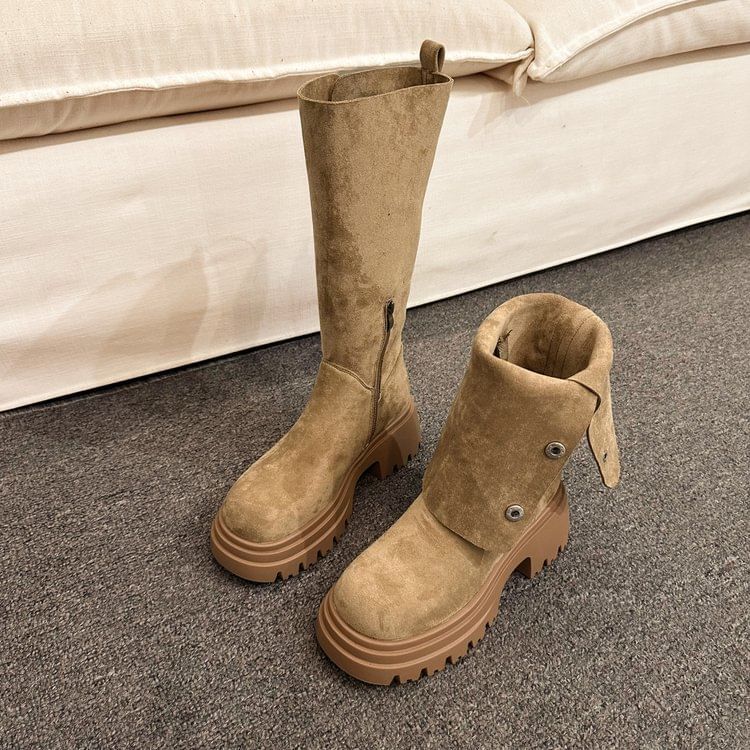 Button Suede Faux Boots Mid Calf Platform