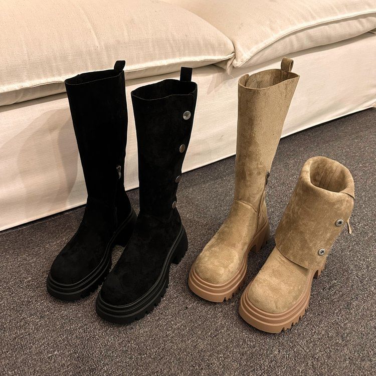 Button Suede Faux Boots Mid Calf Platform